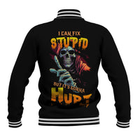 Skull reaper baseball jacket, black with striped cuffs and slogan graphic on back