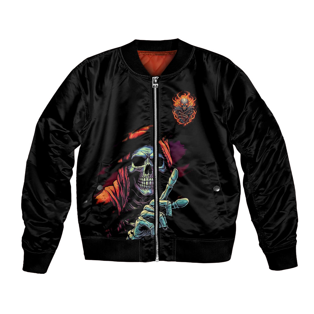Black unisex bomber jacket with front zipper and colorful skull graphic
