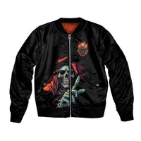 Black unisex bomber jacket with front zipper and colorful skull graphic