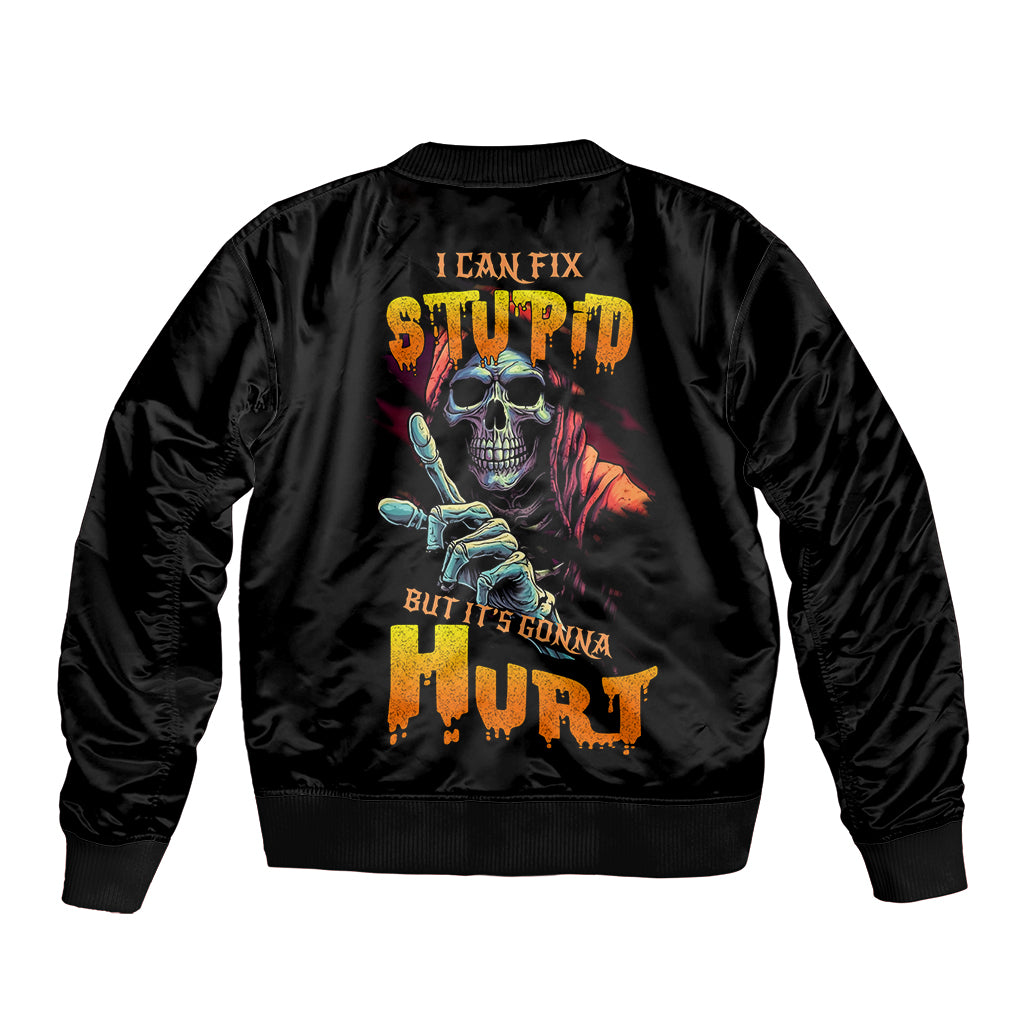 Black unisex bomber jacket with skull graphic and 'hurts' text on back