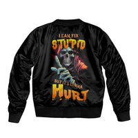 Black unisex bomber jacket with skull graphic and 'hurts' text on back