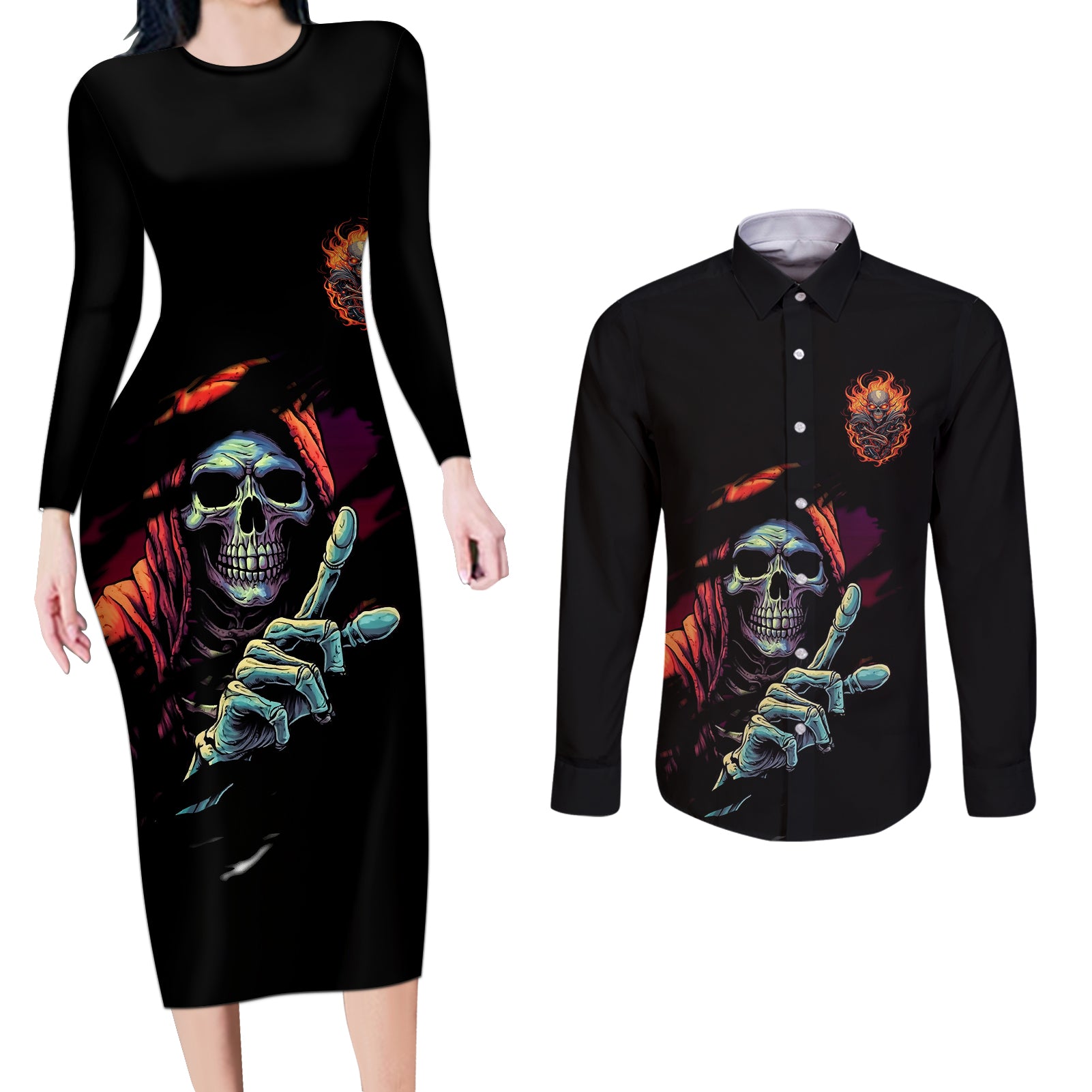 Reaper Skull Couples Matching Long Sleeve Bodycon Dress and Long Sleeve Button Shirts I Can Fix Stupid But It's Gonna Hurt - Wonder Print Shop