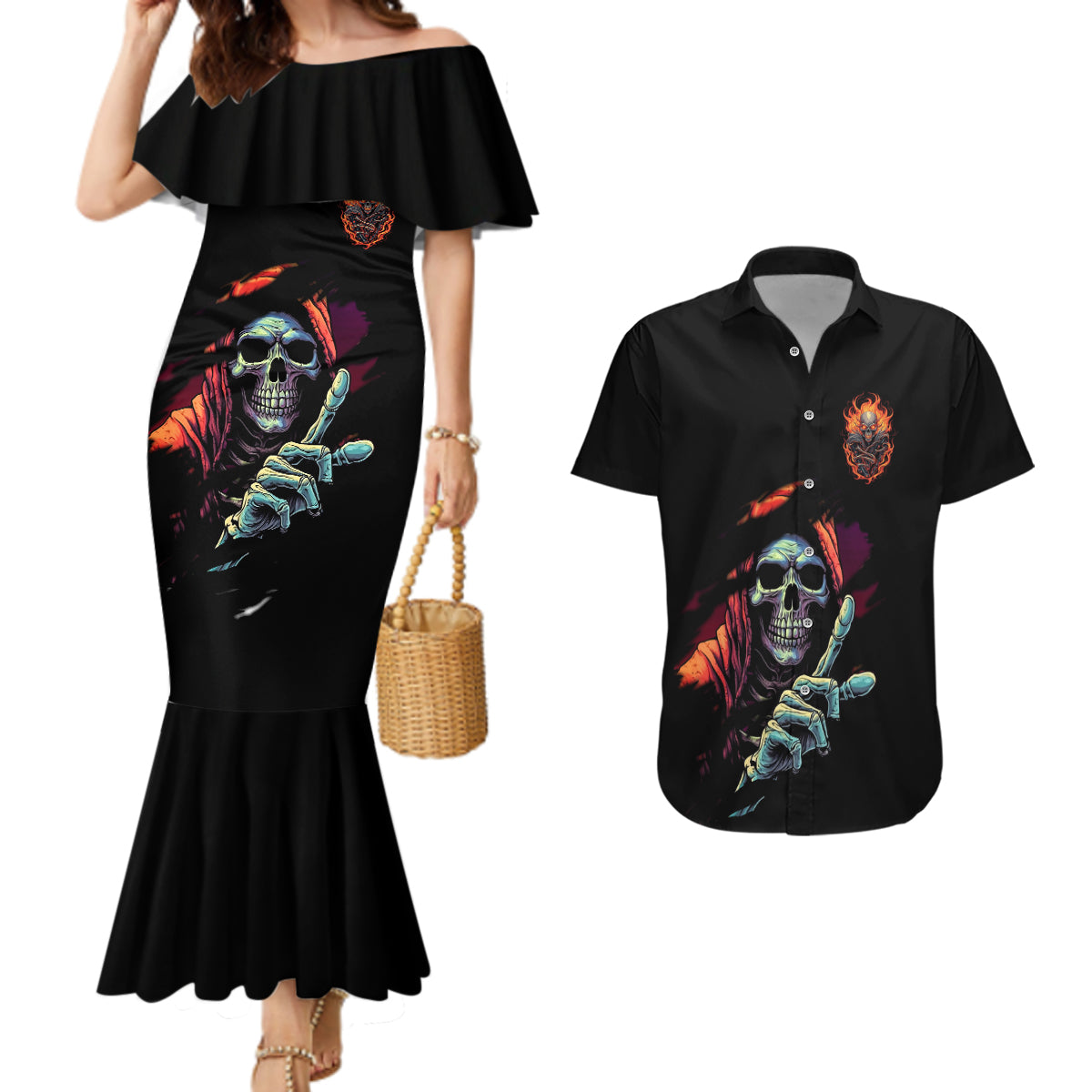 Reaper Skull Couples Matching Mermaid Dress and Hawaiian Shirt I Can Fix Stupid But It's Gonna Hurt - Wonder Print Shop