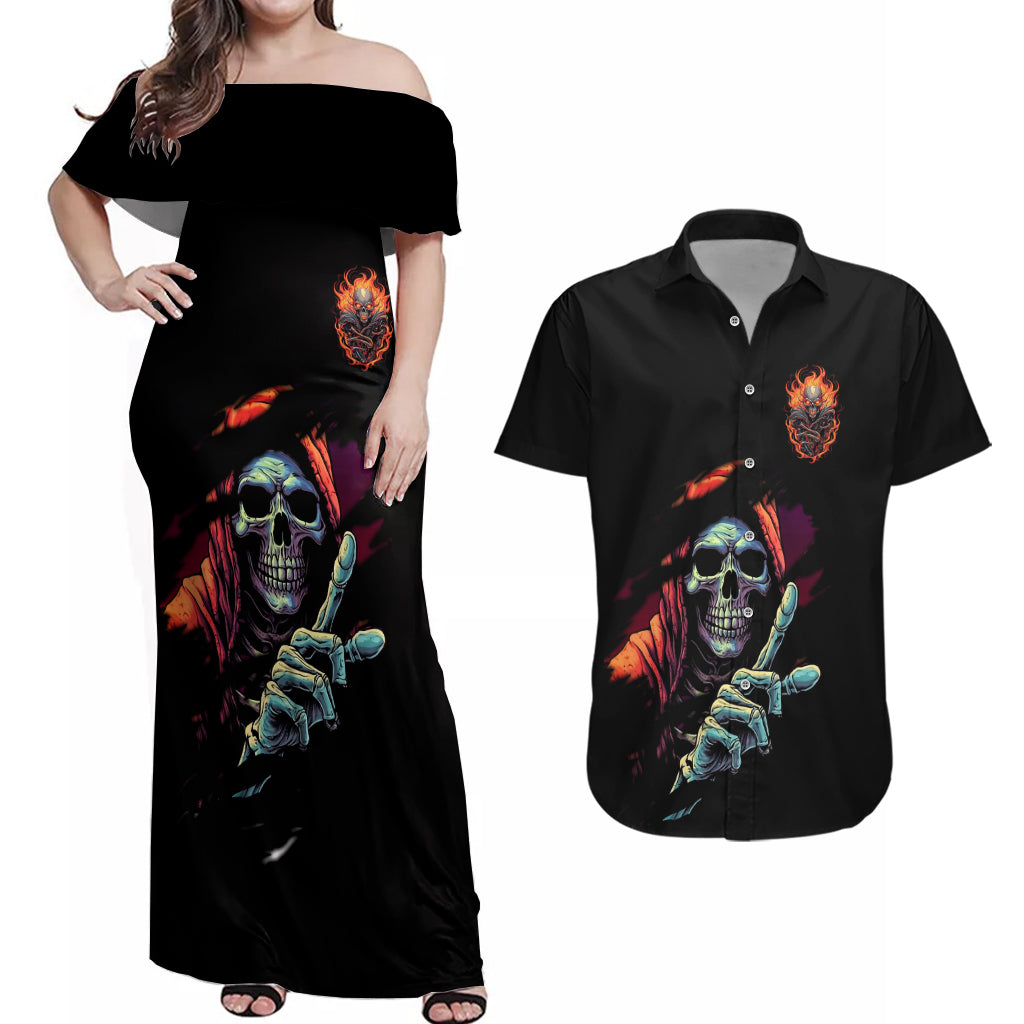 Reaper Skull Couples Matching Off Shoulder Maxi Dress and Hawaiian Shirt I Can Fix Stupid But It's Gonna Hurt - Wonder Print Shop