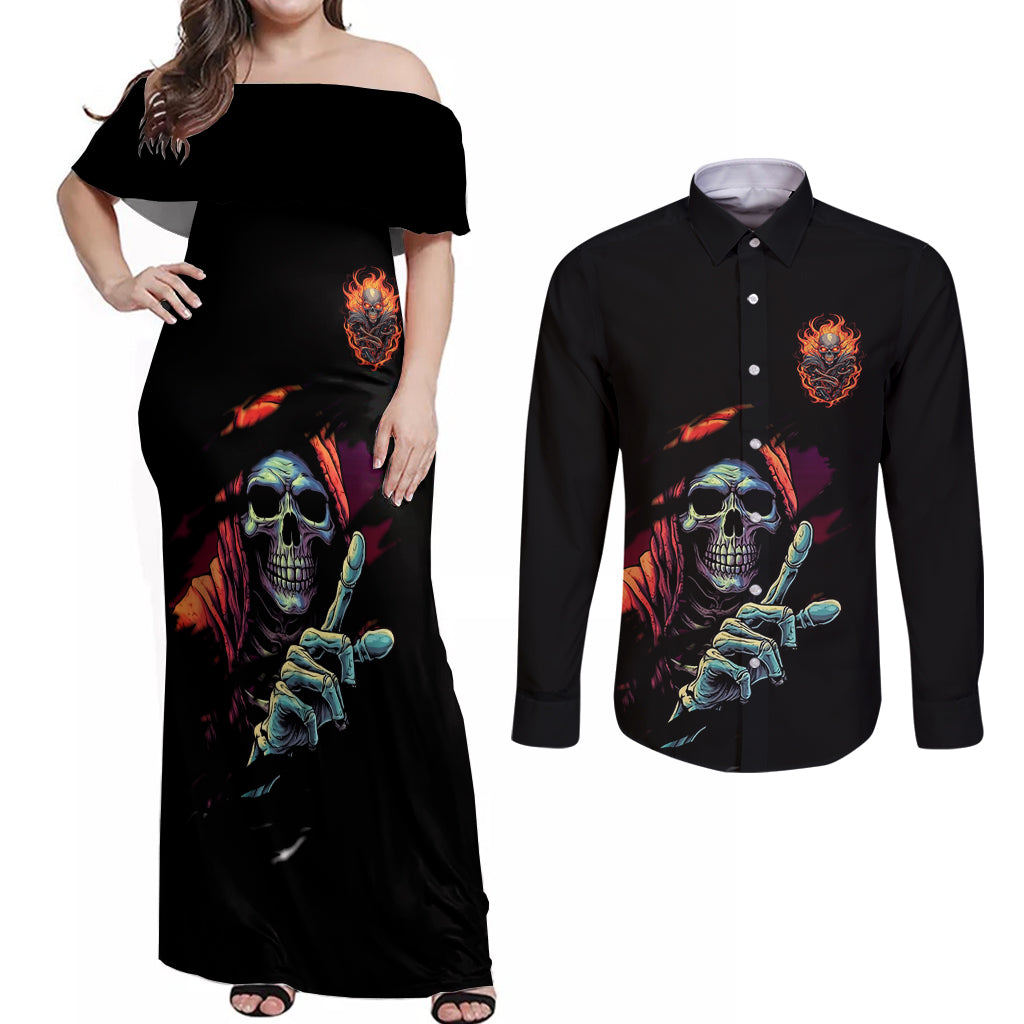 Reaper Skull Couples Matching Off Shoulder Maxi Dress and Long Sleeve Button Shirts I Can Fix Stupid But It's Gonna Hurt - Wonder Print Shop