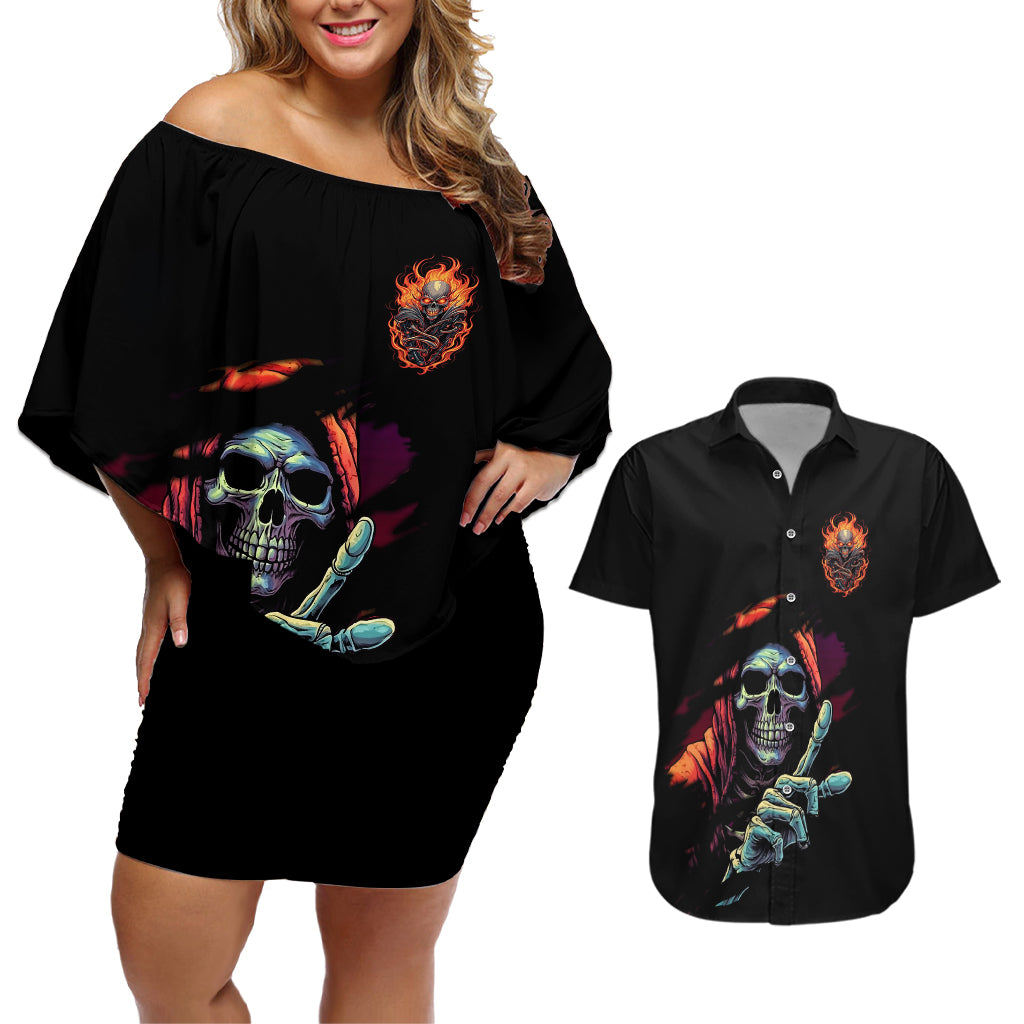 Reaper Skull Couples Matching Off Shoulder Short Dress and Hawaiian Shirt I Can Fix Stupid But It's Gonna Hurt - Wonder Print Shop