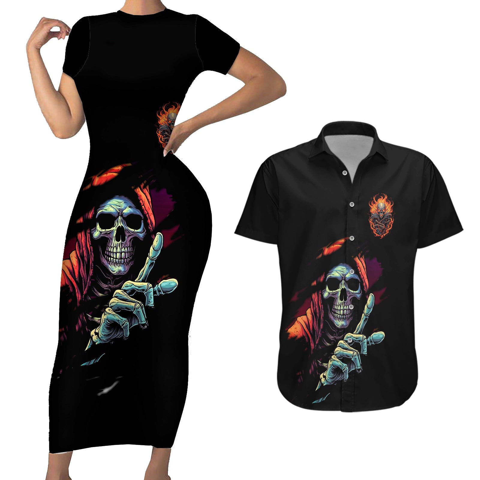 Reaper Skull Couples Matching Short Sleeve Bodycon Dress and Hawaiian Shirt I Can Fix Stupid But It's Gonna Hurt - Wonder Print Shop