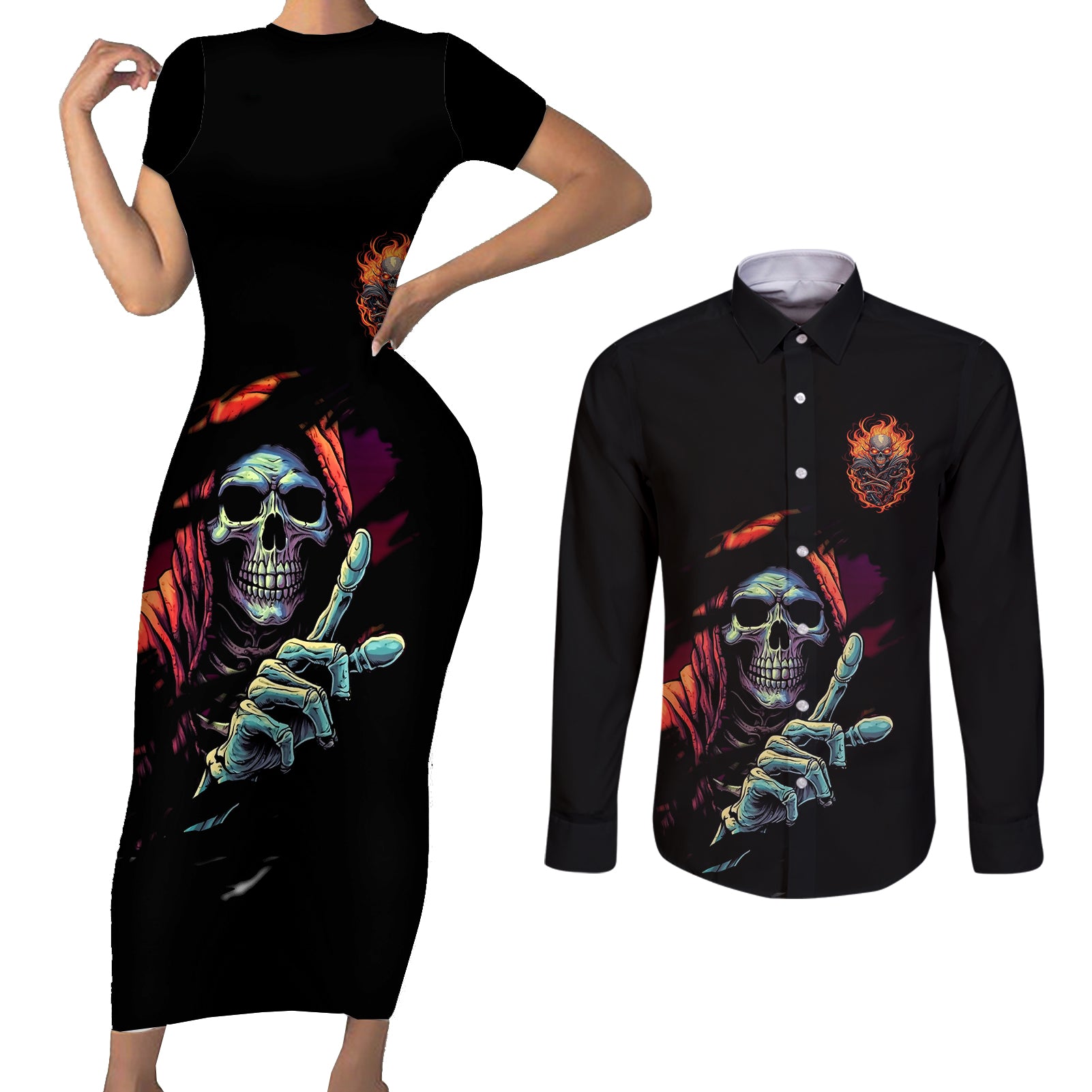 Reaper Skull Couples Matching Short Sleeve Bodycon Dress and Long Sleeve Button Shirts I Can Fix Stupid But It's Gonna Hurt - Wonder Print Shop