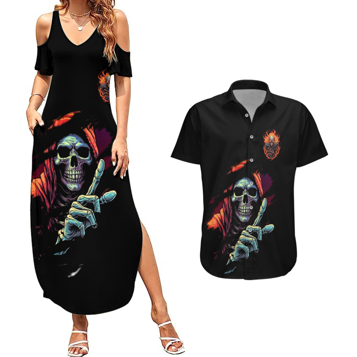 Reaper Skull Couples Matching Summer Maxi Dress and Hawaiian Shirt I Can Fix Stupid But It's Gonna Hurt - Wonder Print Shop