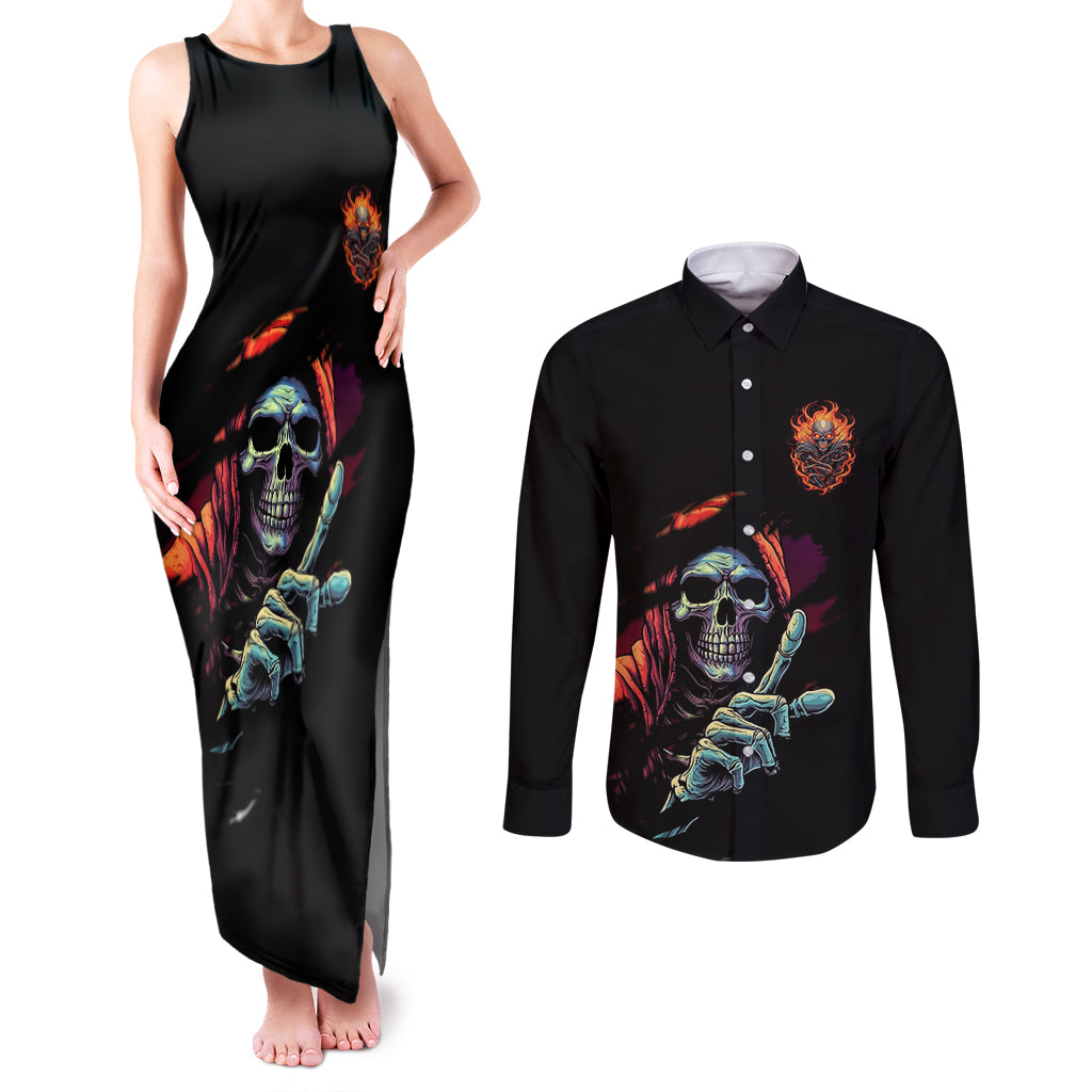 Reaper Skull Couples Matching Tank Maxi Dress and Long Sleeve Button Shirts I Can Fix Stupid But It's Gonna Hurt - Wonder Print Shop