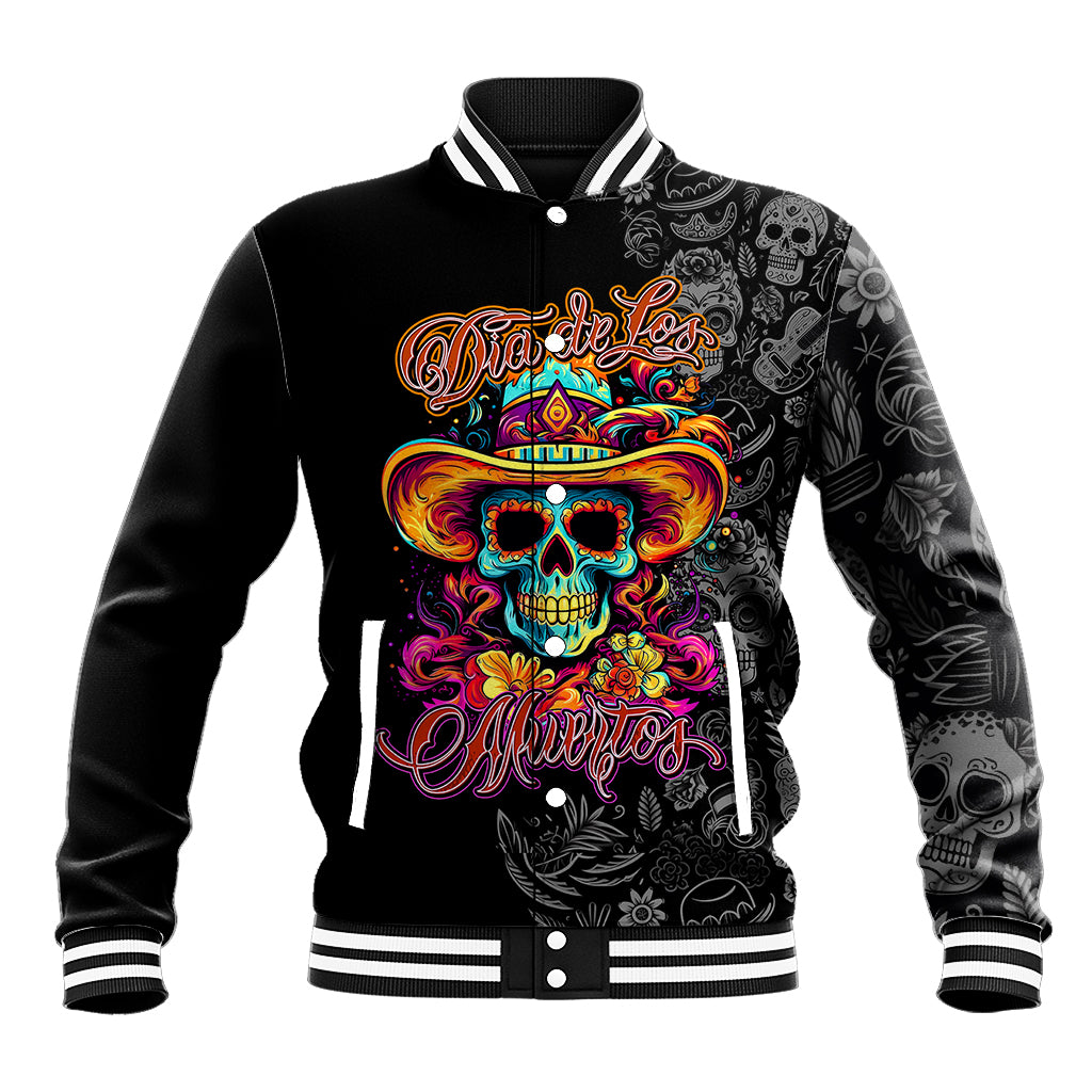 Multicolor day of the dead sugar skull baseball jacket, black with striped ribbed collar