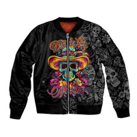 Black bomber jacket with multicolor sugar skull front graphic and ribbed zipper cuffs