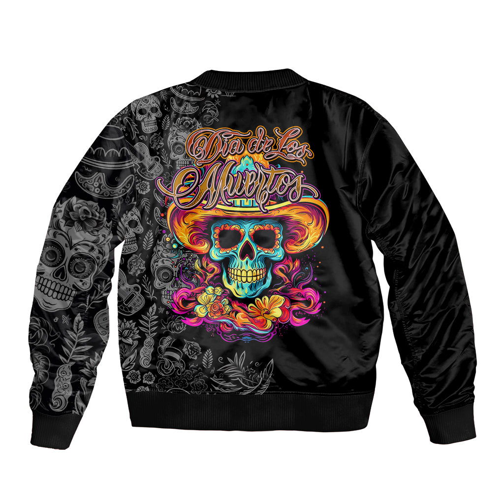 Black bomber jacket with multicolor sugar skull back graphic and ribbed hem cuffs