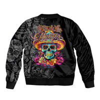 Black bomber jacket with multicolor sugar skull back graphic and ribbed hem cuffs