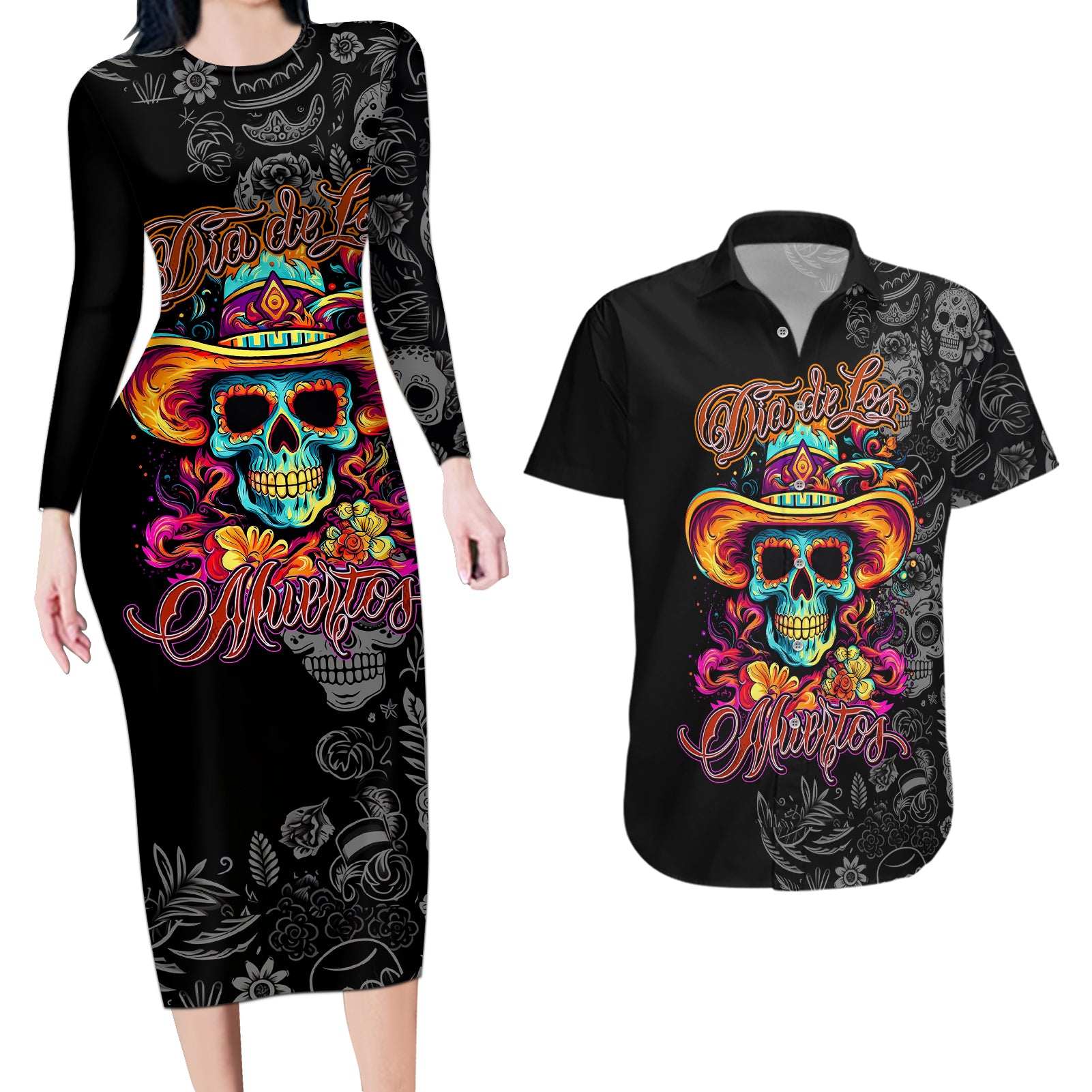 Day Of The Dead Sugar Skull Couples Matching Long Sleeve Bodycon Dress and Hawaiian Shirt Dia De Los Murtos - Wonder Print Shop