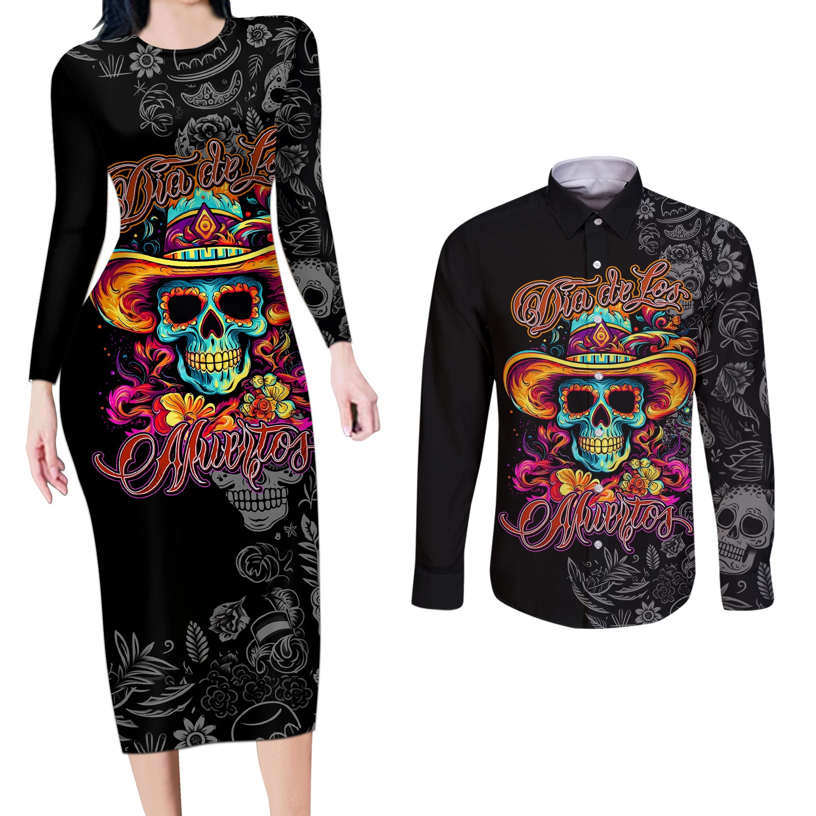 Day Of The Dead Sugar Skull Couples Matching Long Sleeve Bodycon Dress and Long Sleeve Button Shirts Dia De Los Murtos - Wonder Print Shop