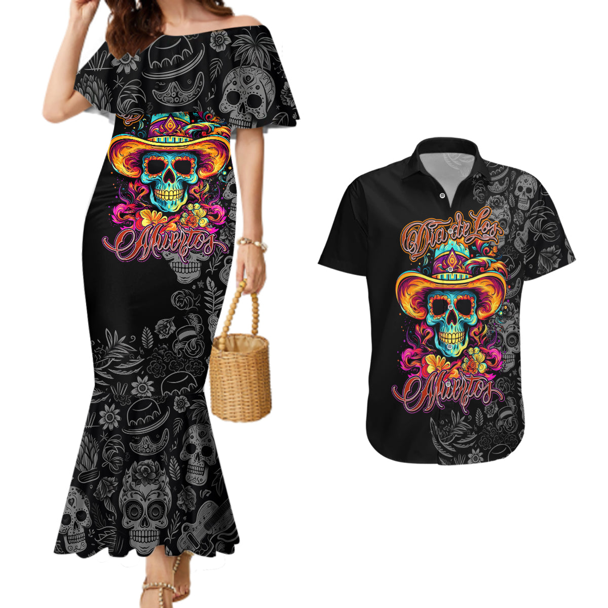 Day Of The Dead Sugar Skull Couples Matching Mermaid Dress and Hawaiian Shirt Dia De Los Murtos - Wonder Print Shop