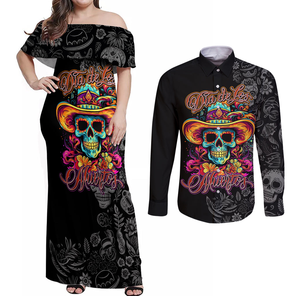 Day Of The Dead Sugar Skull Couples Matching Off Shoulder Maxi Dress and Long Sleeve Button Shirts Dia De Los Murtos - Wonder Print Shop