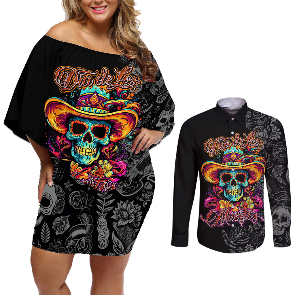 Day Of The Dead Sugar Skull Couples Matching Off Shoulder Short Dress and Long Sleeve Button Shirts Dia De Los Murtos - Wonder Print Shop