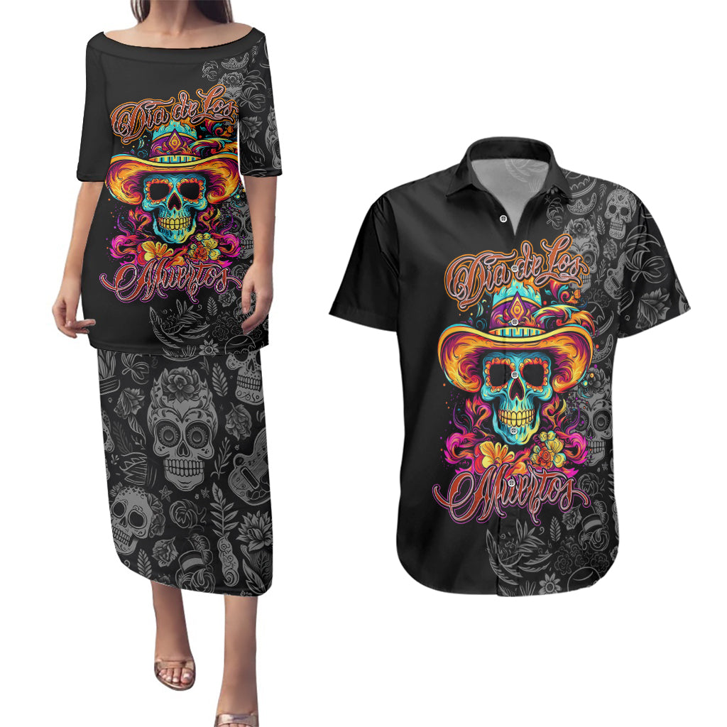 Day Of The Dead Sugar Skull Couples Matching Puletasi Dress and Hawaiian Shirt Dia De Los Murtos - Wonder Print Shop