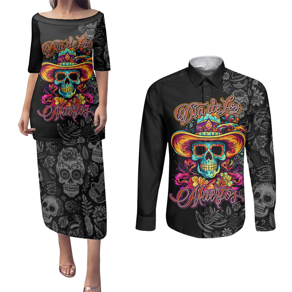 Day Of The Dead Sugar Skull Couples Matching Puletasi Dress and Long Sleeve Button Shirts Dia De Los Murtos - Wonder Print Shop