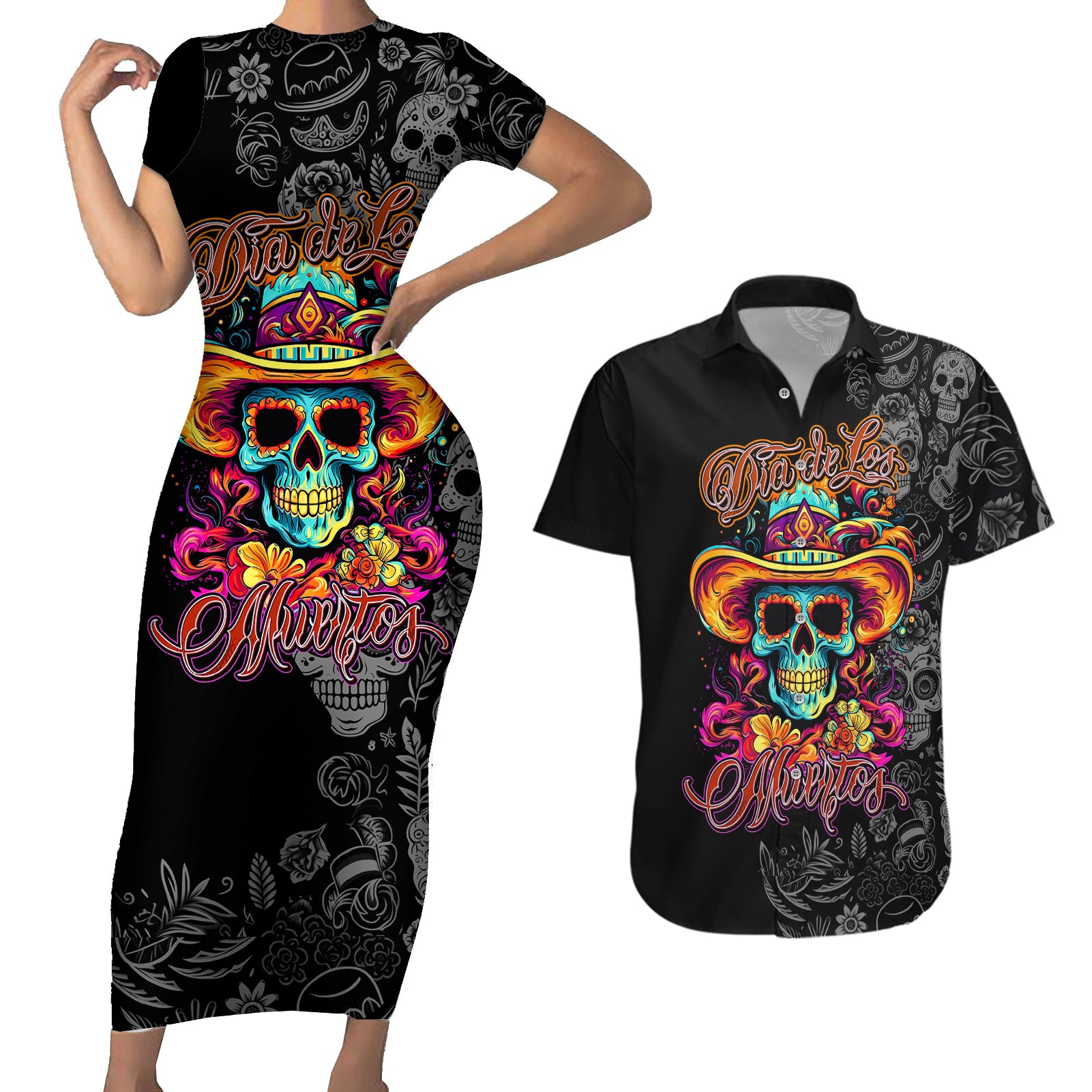 Day Of The Dead Sugar Skull Couples Matching Short Sleeve Bodycon Dress and Hawaiian Shirt Dia De Los Murtos - Wonder Print Shop