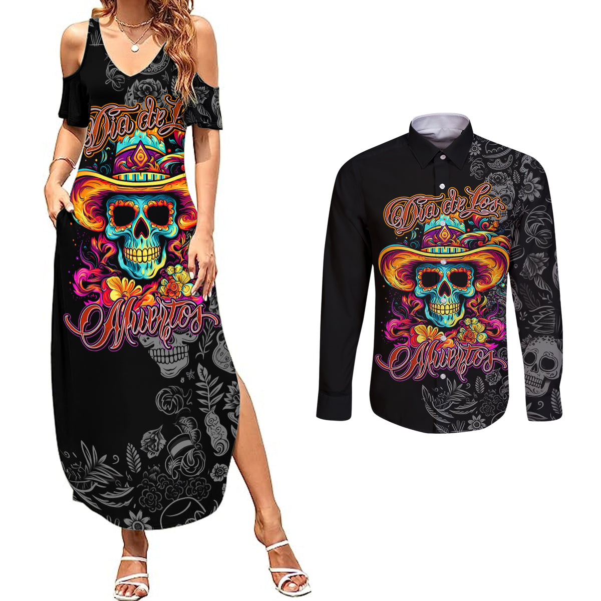 Day Of The Dead Sugar Skull Couples Matching Summer Maxi Dress and Long Sleeve Button Shirts Dia De Los Murtos - Wonder Print Shop