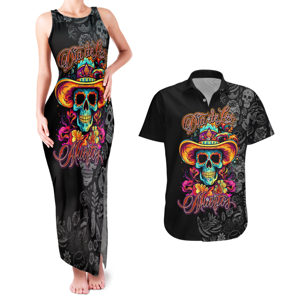 Day Of The Dead Sugar Skull Couples Matching Tank Maxi Dress and Hawaiian Shirt Dia De Los Murtos - Wonder Print Shop