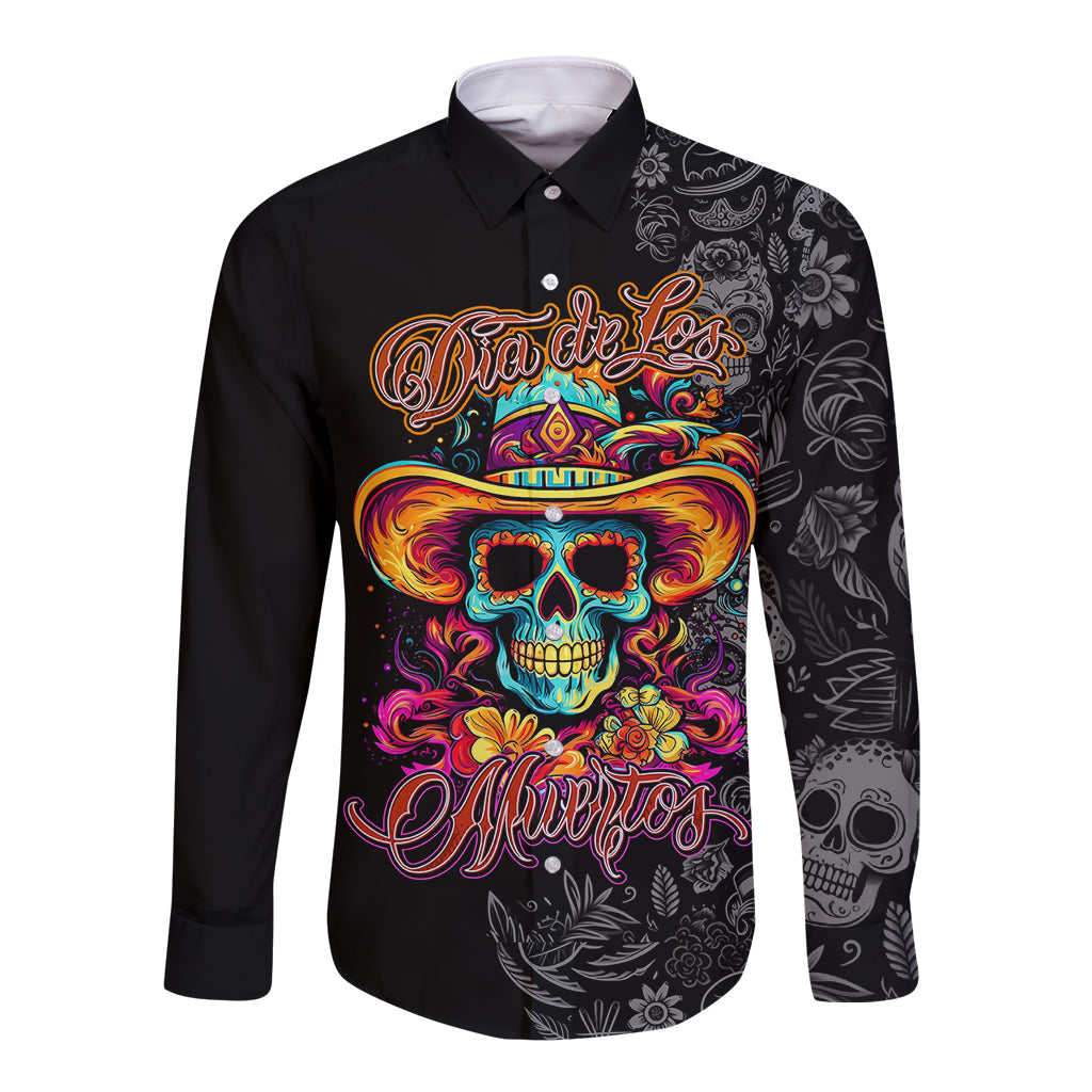 Day Of The Dead Sugar Skull Long Sleeve Button Shirt Dia De Los Murtos - Wonder Print Shop