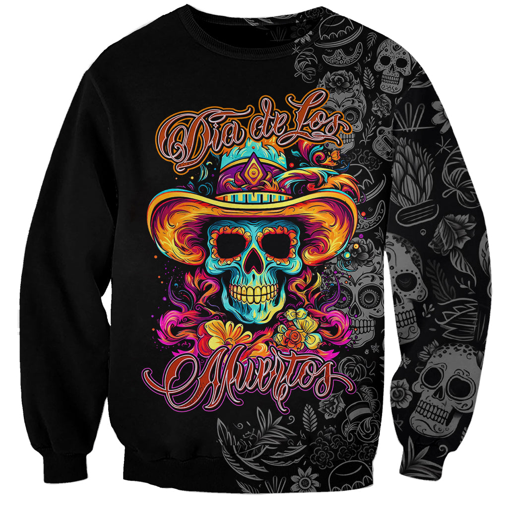 Black unisex sugar skull sweatshirt with colorful skull in hat graphic on chest