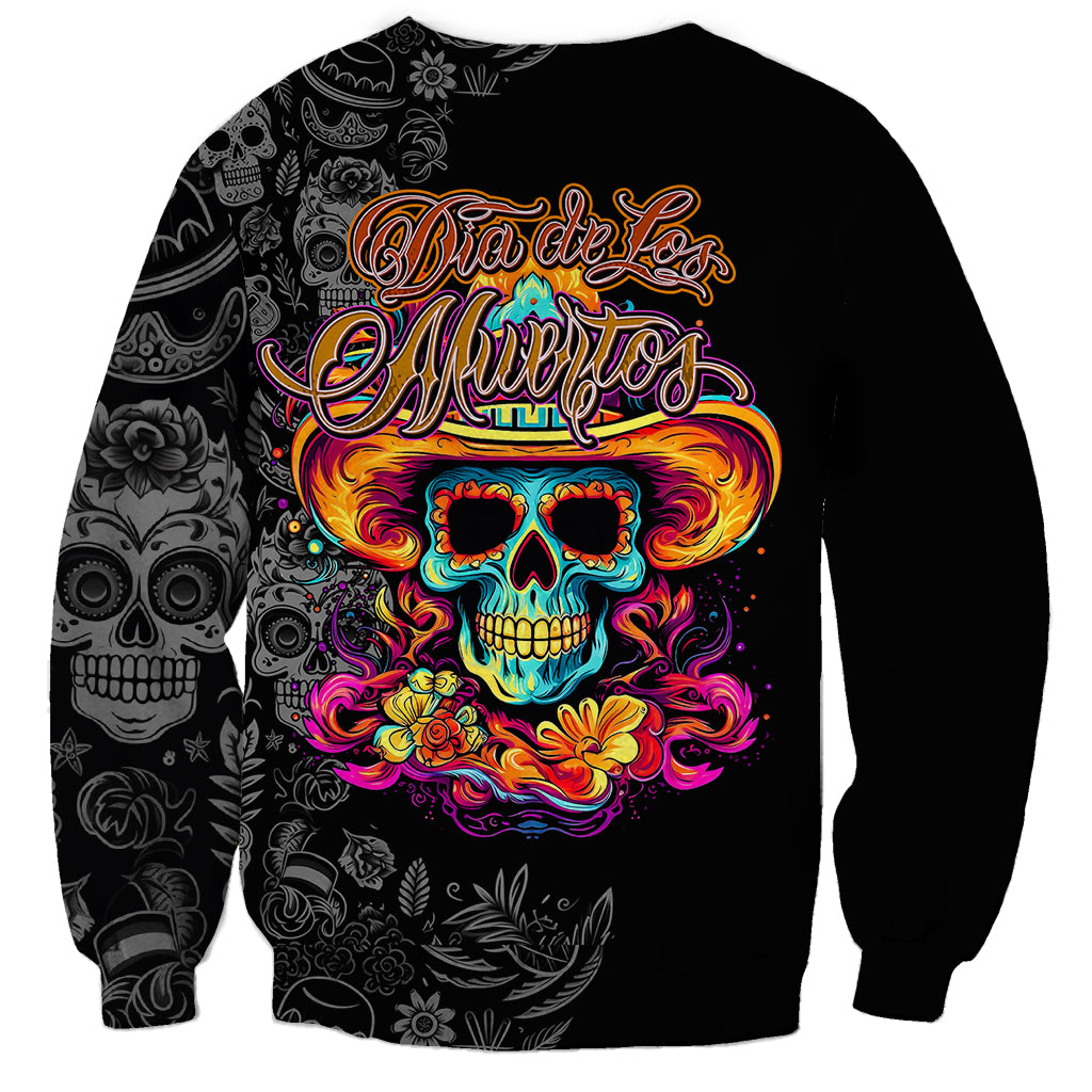Black unisex sugar skull sweatshirt, colorful skull graphic centered on back