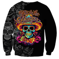 Black unisex sugar skull sweatshirt, colorful skull graphic centered on back