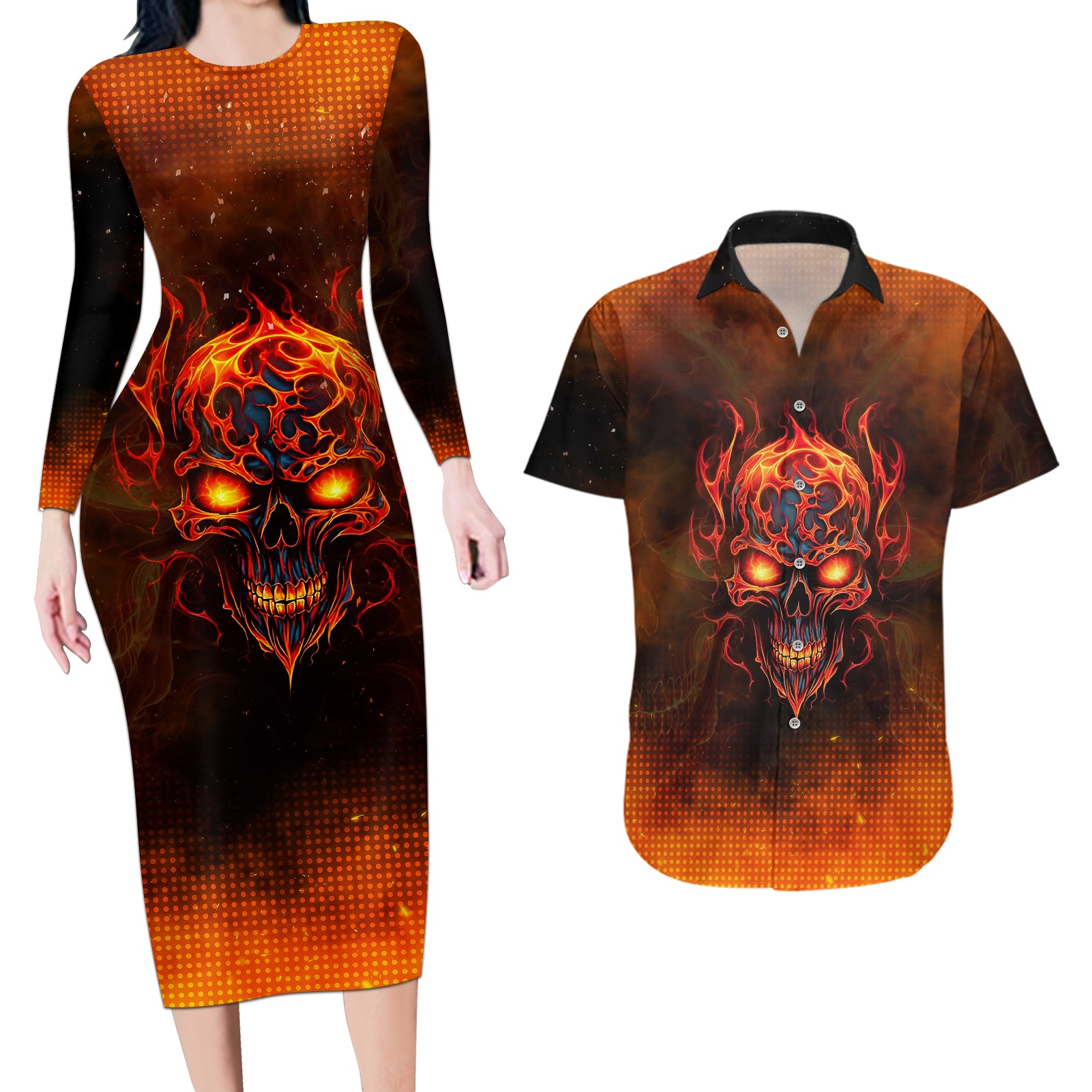 Fire Skull Couples Matching Long Sleeve Bodycon Dress and Hawaiian Shirt Of Course I'm Going To Hell I'm Just Here To Pick You Up - Wonder Print Shop