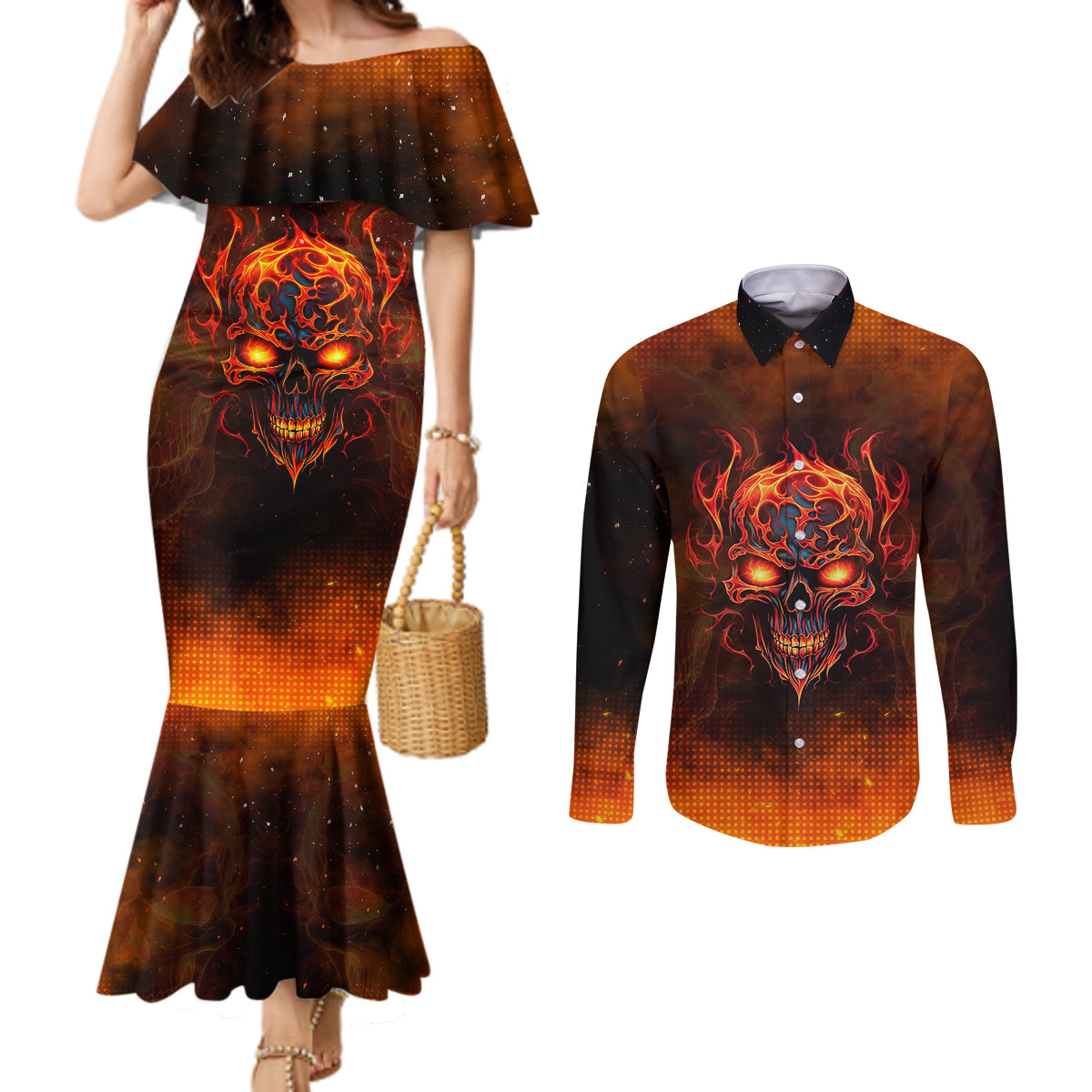 fire-skull-couples-matching-mermaid-dress-and-long-sleeve-button-shirts-of-course-im-going-to-hell-im-just-here-to-pick-you-up