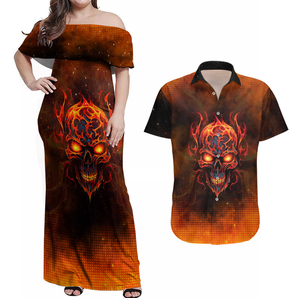 Fire Skull Couples Matching Off Shoulder Maxi Dress and Hawaiian Shirt Of Course I'm Going To Hell I'm Just Here To Pick You Up - Wonder Print Shop