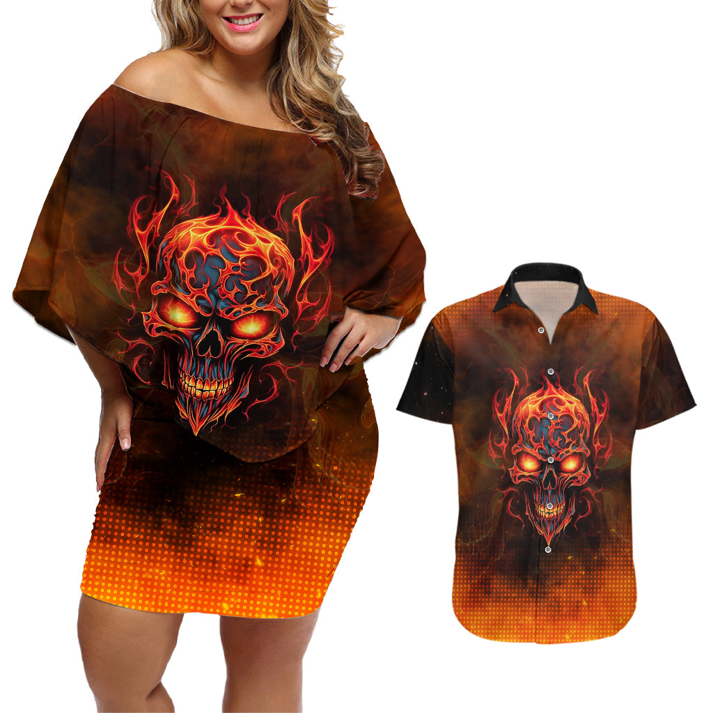 Fire Skull Couples Matching Off Shoulder Short Dress and Hawaiian Shirt Of Course I'm Going To Hell I'm Just Here To Pick You Up - Wonder Print Shop