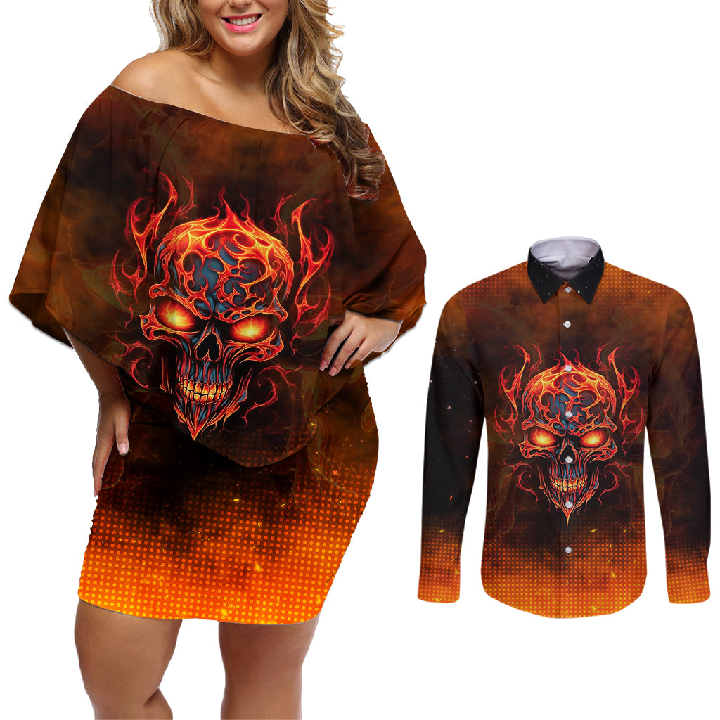 Fire Skull Couples Matching Off Shoulder Short Dress and Long Sleeve Button Shirts Of Course I'm Going To Hell I'm Just Here To Pick You Up - Wonder Print Shop