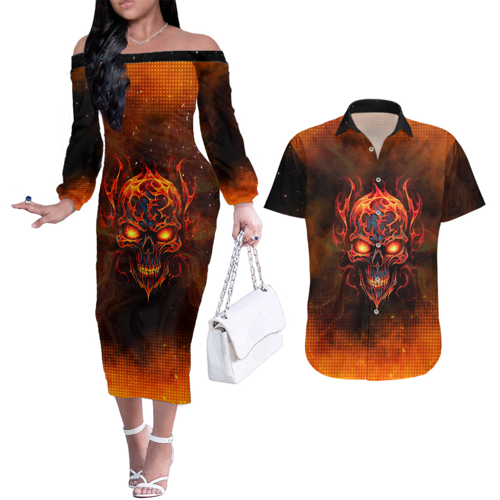 Fire Skull Couples Matching Off The Shoulder Long Sleeve Dress and Hawaiian Shirt Of Course I'm Going To Hell I'm Just Here To Pick You Up - Wonder Print Shop