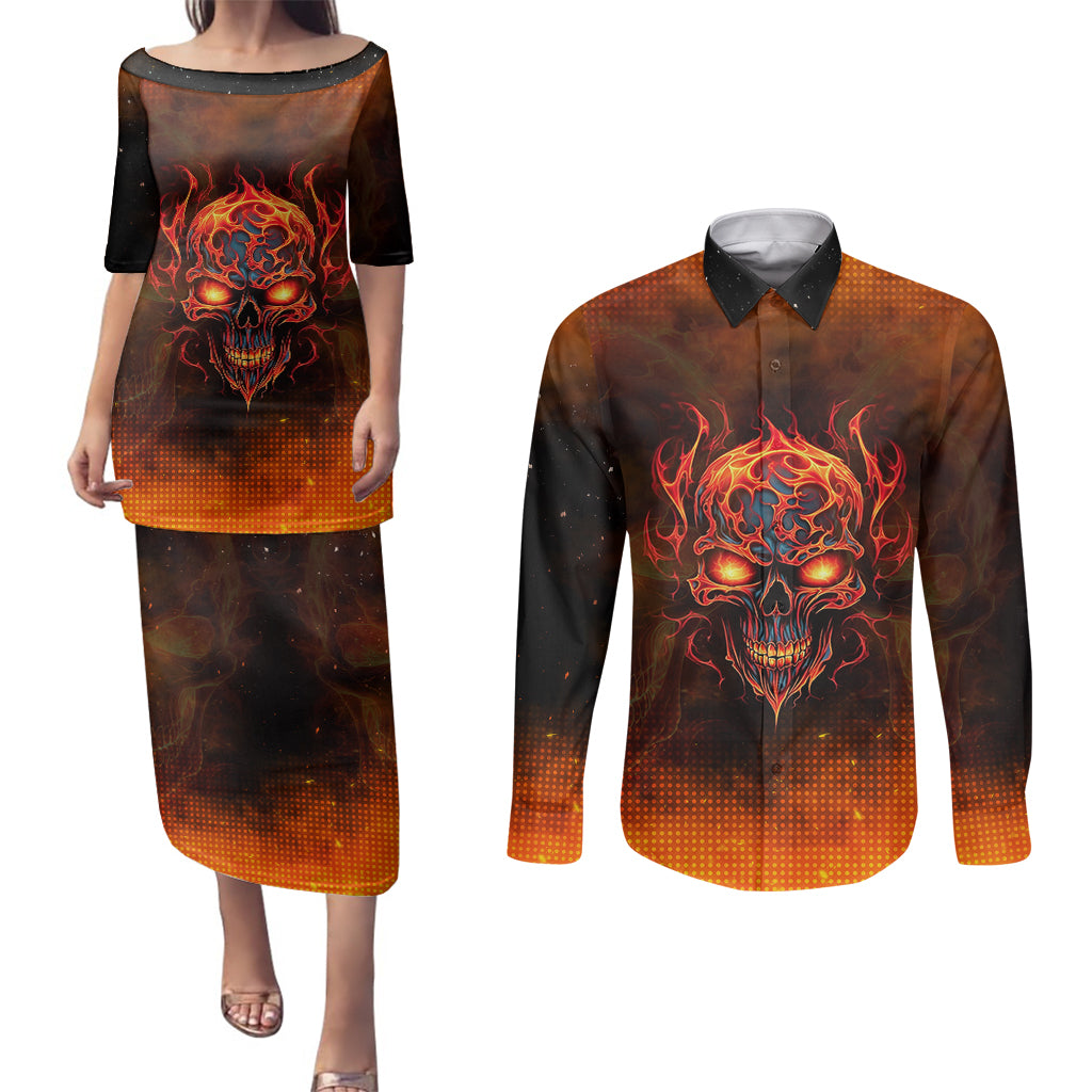 Fire Skull Couples Matching Puletasi Dress and Long Sleeve Button Shirts Of Course I'm Going To Hell I'm Just Here To Pick You Up - Wonder Print Shop