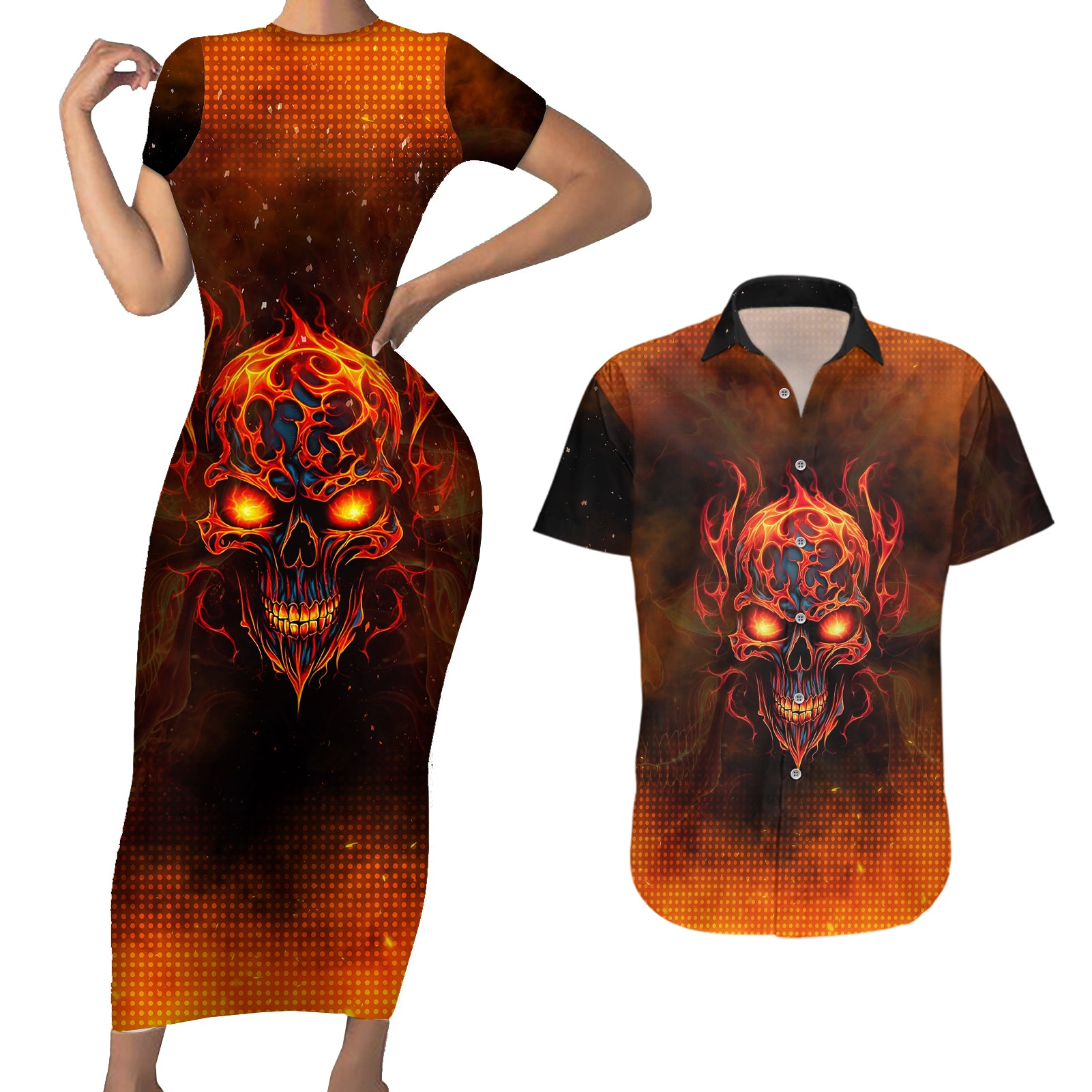 Fire Skull Couples Matching Short Sleeve Bodycon Dress and Hawaiian Shirt Of Course I'm Going To Hell I'm Just Here To Pick You Up - Wonder Print Shop