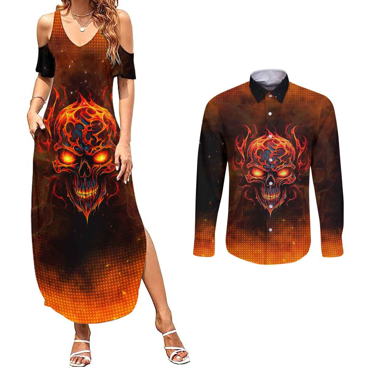 Fire Skull Couples Matching Summer Maxi Dress and Long Sleeve Button Shirts Of Course I'm Going To Hell I'm Just Here To Pick You Up - Wonder Print Shop