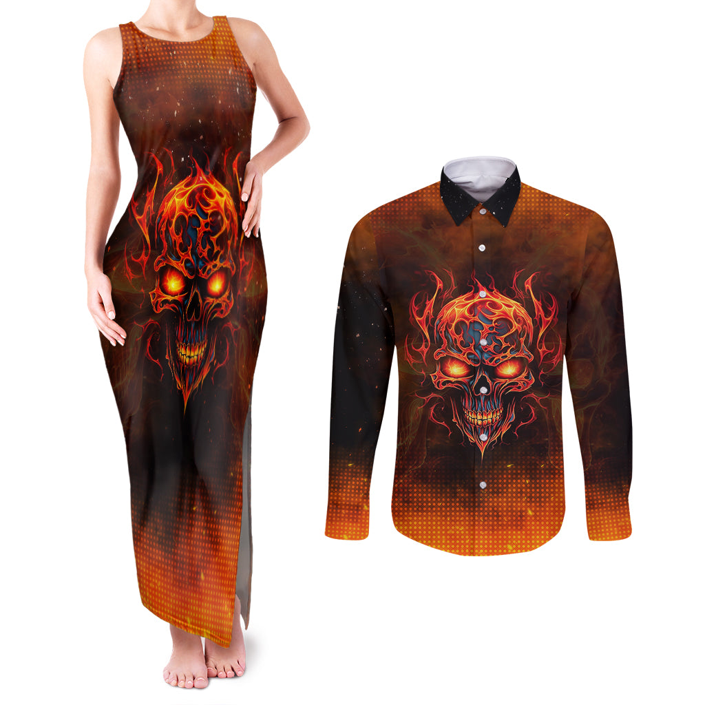 Fire Skull Couples Matching Tank Maxi Dress and Long Sleeve Button Shirts Of Course I'm Going To Hell I'm Just Here To Pick You Up - Wonder Print Shop