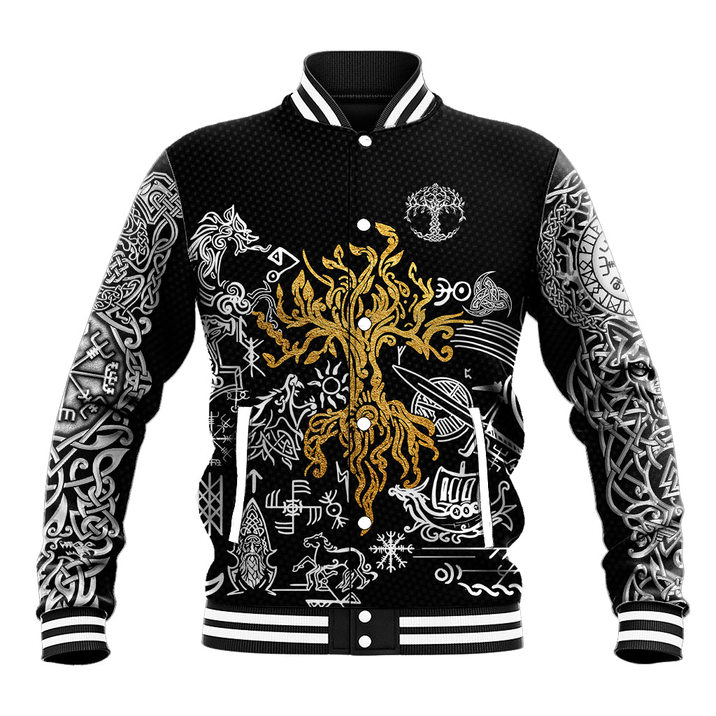 Black unisex baseball jacket with Viking rune and gold phoenix front graphic
