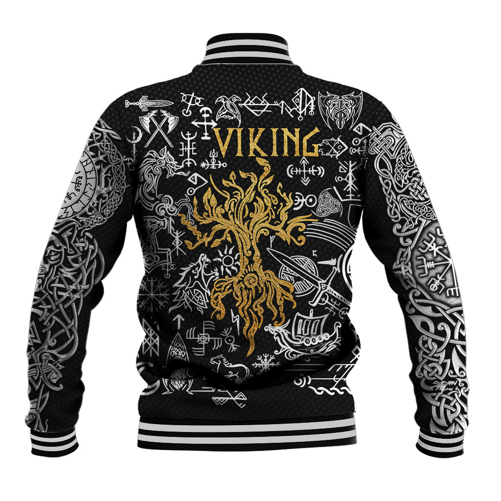 Black unisex baseball jacket with Viking rune pattern and gold phoenix back print