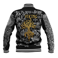 Black unisex baseball jacket with Viking rune pattern and gold phoenix back print