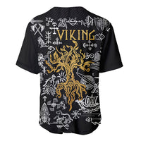 Black back baseball jersey with 'VIKING' text and gold tree with rune icons