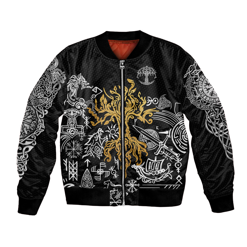 Black unisex bomber jacket with front zipper, ribbed cuffs, rune and dragon graphic