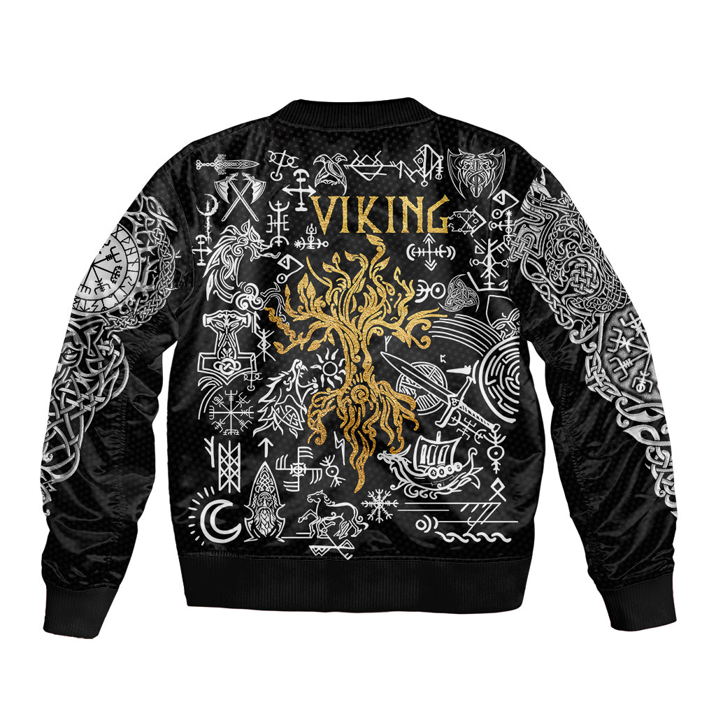 Black bomber jacket, back view, large Viking rune graphic with gold dragon and symbols