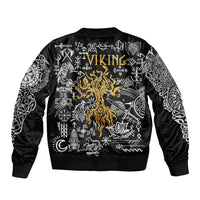 Black bomber jacket, back view, large Viking rune graphic with gold dragon and symbols