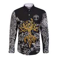 Black long-sleeve button shirt with gold and white Viking rune and dragon print